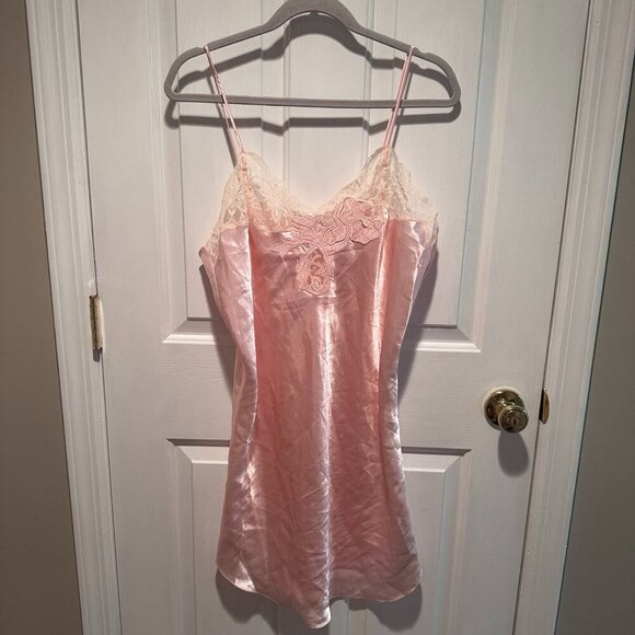 Lord & Taylor Pink Silk with White Lace Sleep Dress Teddy - Size Large - Picture 1 of 3